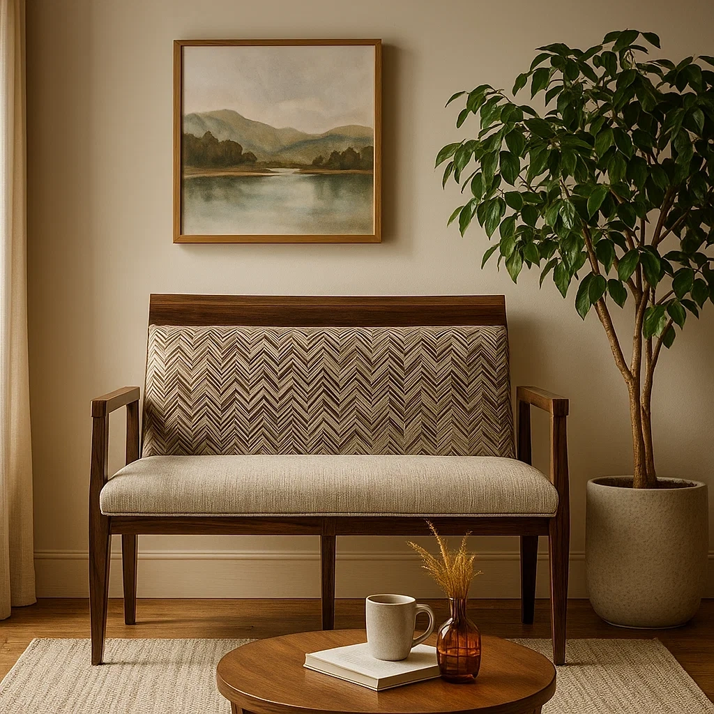 banc avec accoudoirs et dossier rembourré motif chevron