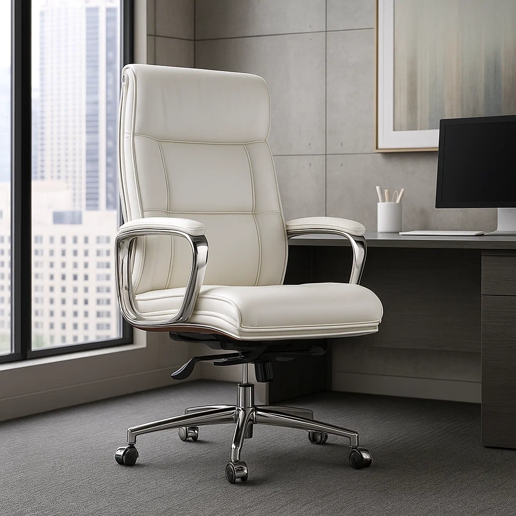 Chaise de bureau ergonomique haute dossier en cuir blanc avec structure chromée