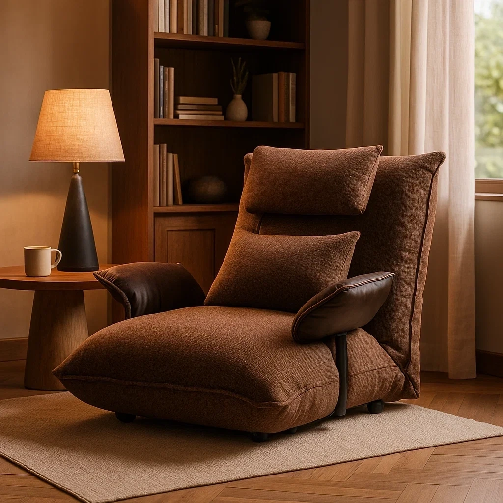 Chaise longue de sol rembourrée en tissu brun avec accoudoirs