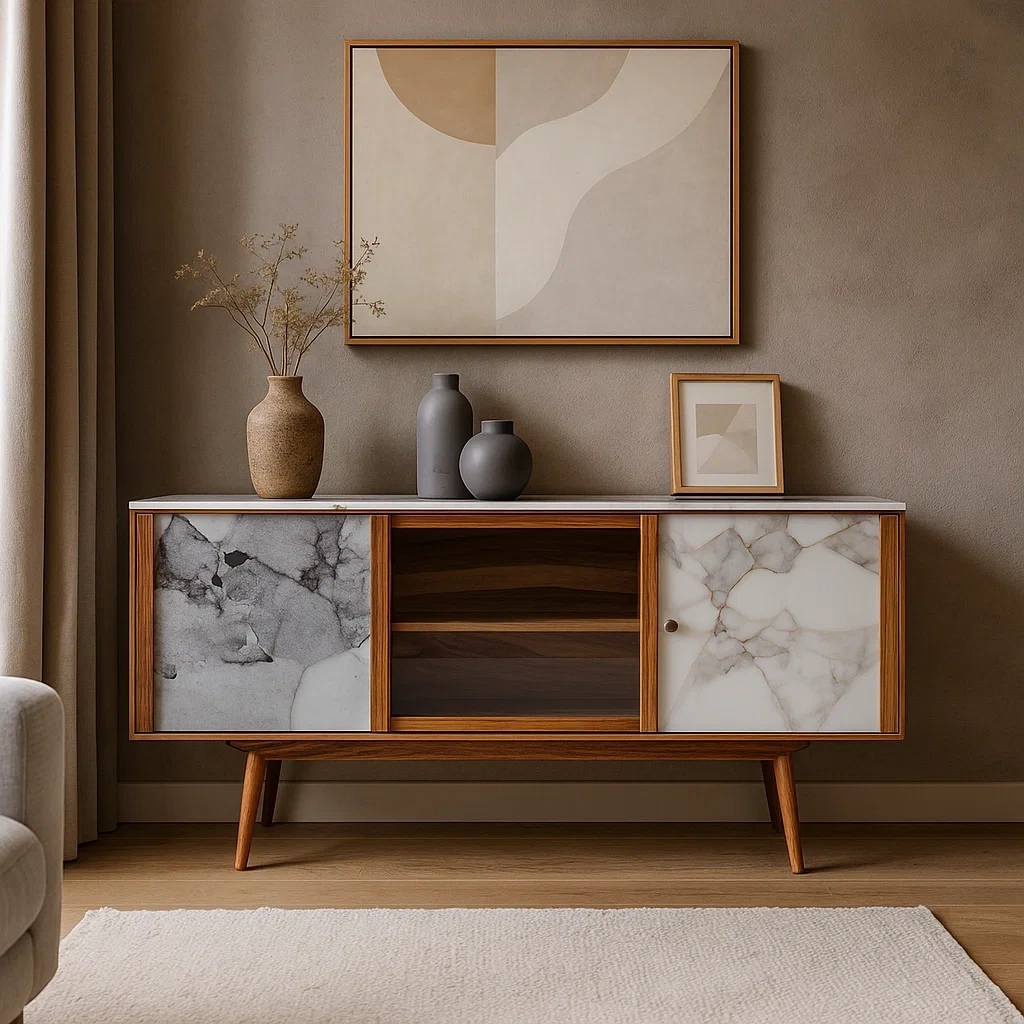 Buffet moderne en bois avec portes en marbre et étagères intérieures