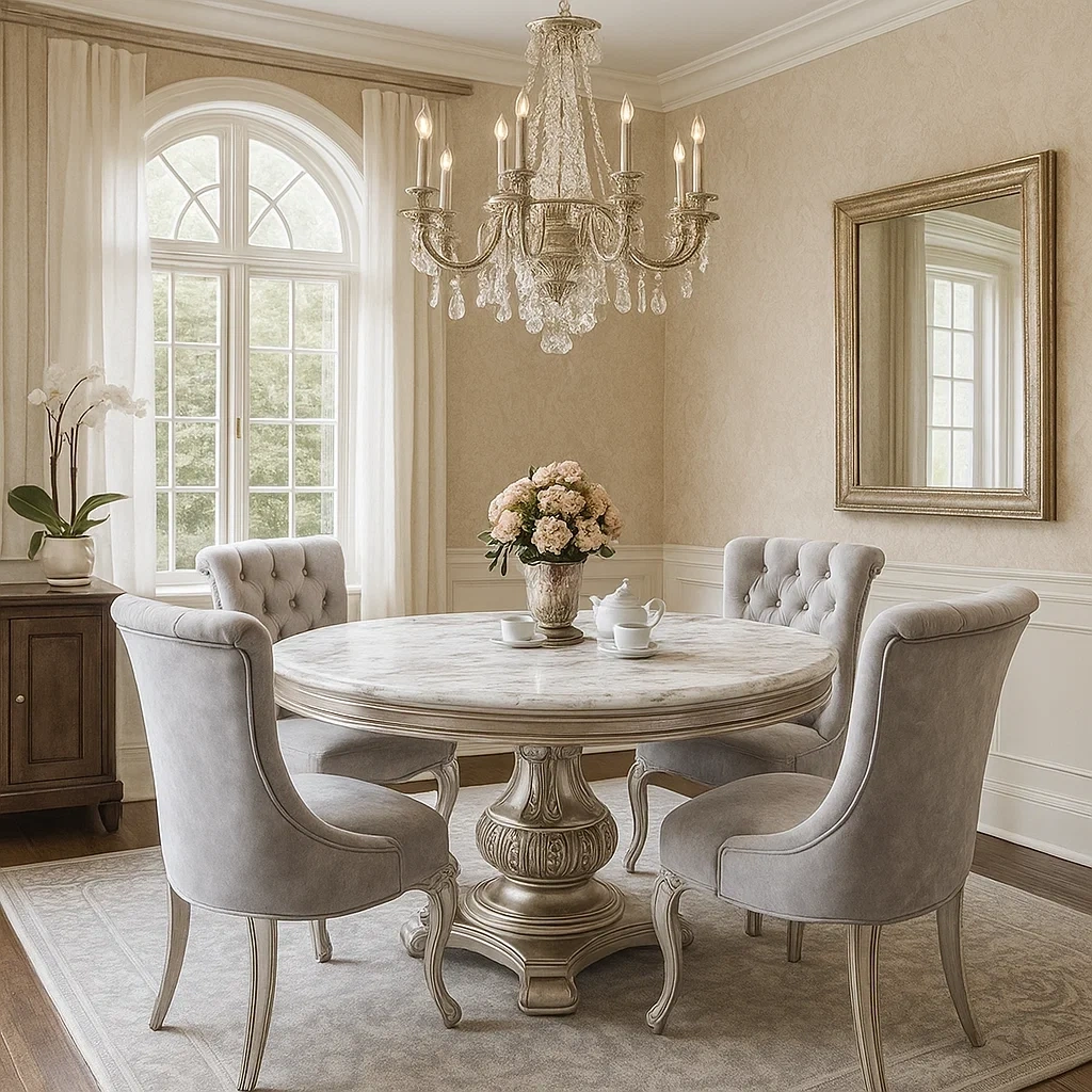 Ensemble de salle à manger ronde en marbre avec 4 chaises capitonnées