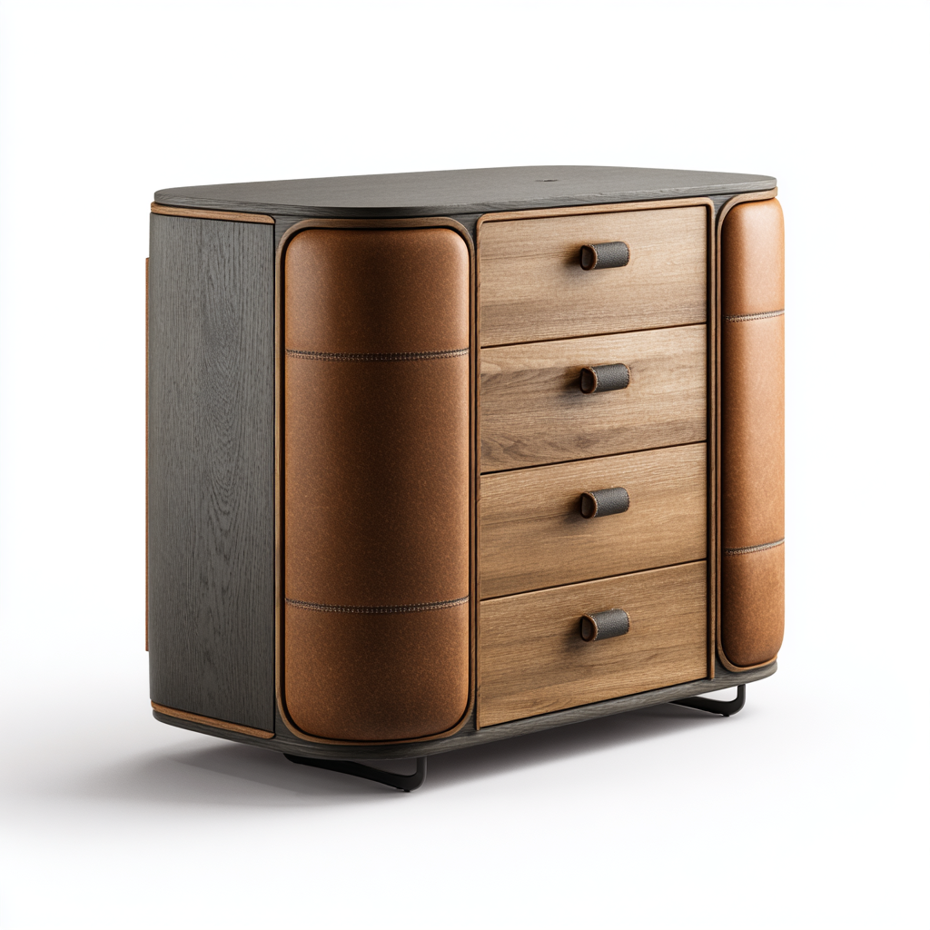Commode moderne en bois et cuir avec quatre tiroirs