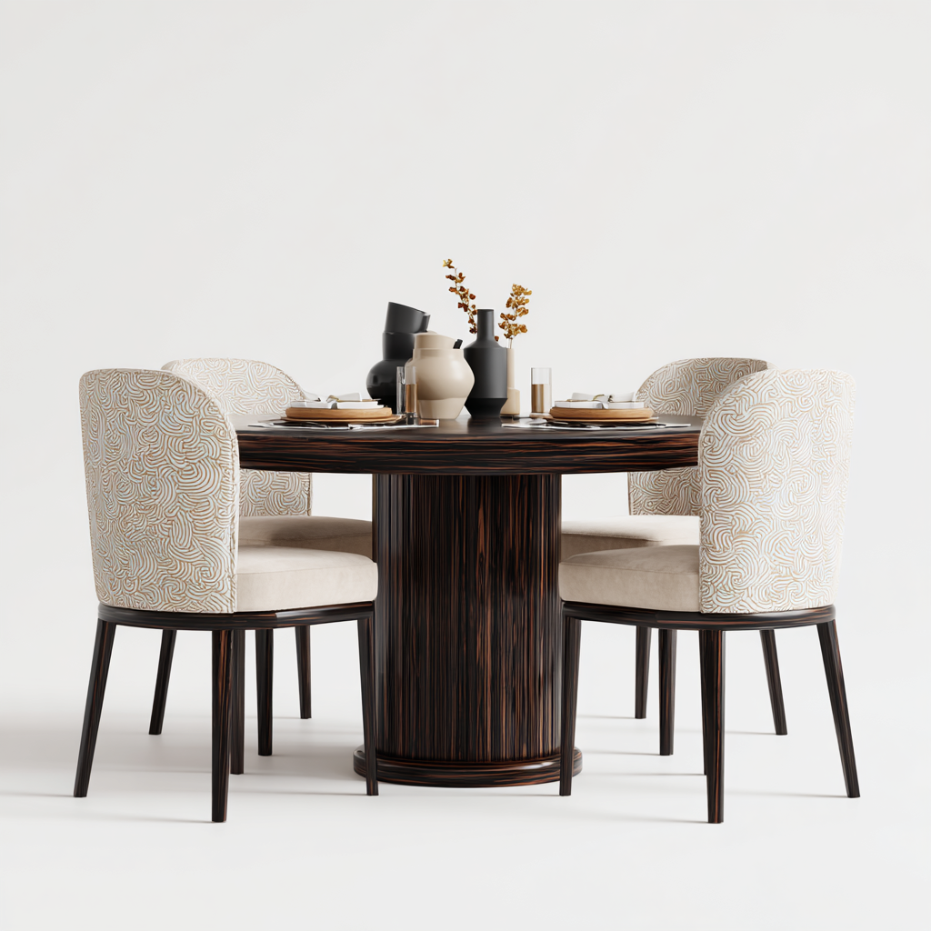 Ensemble salle à manger moderne en bois foncé avec table ronde et 4 chaises rembourrées