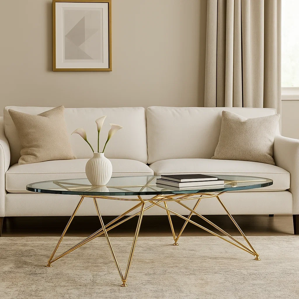 Table basse ovale en verre avec structure en laiton doré