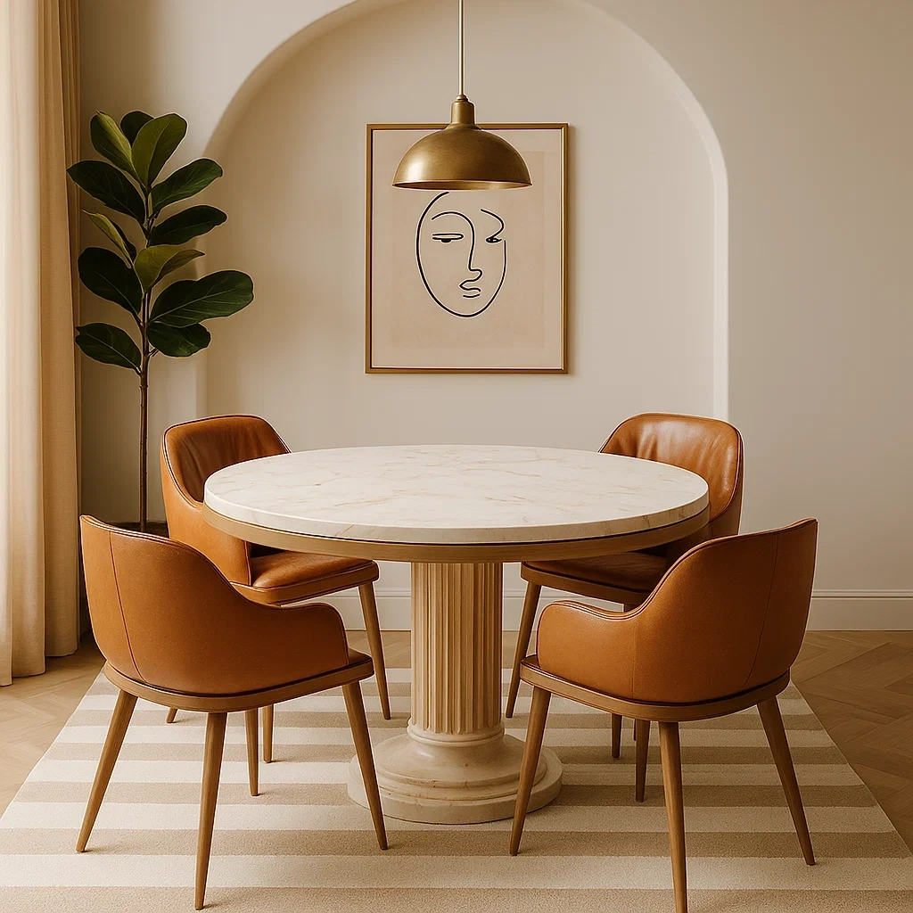 Ensemble de salle à manger rond 5 pièces avec table en marbre et 4 chaises en cuir marron