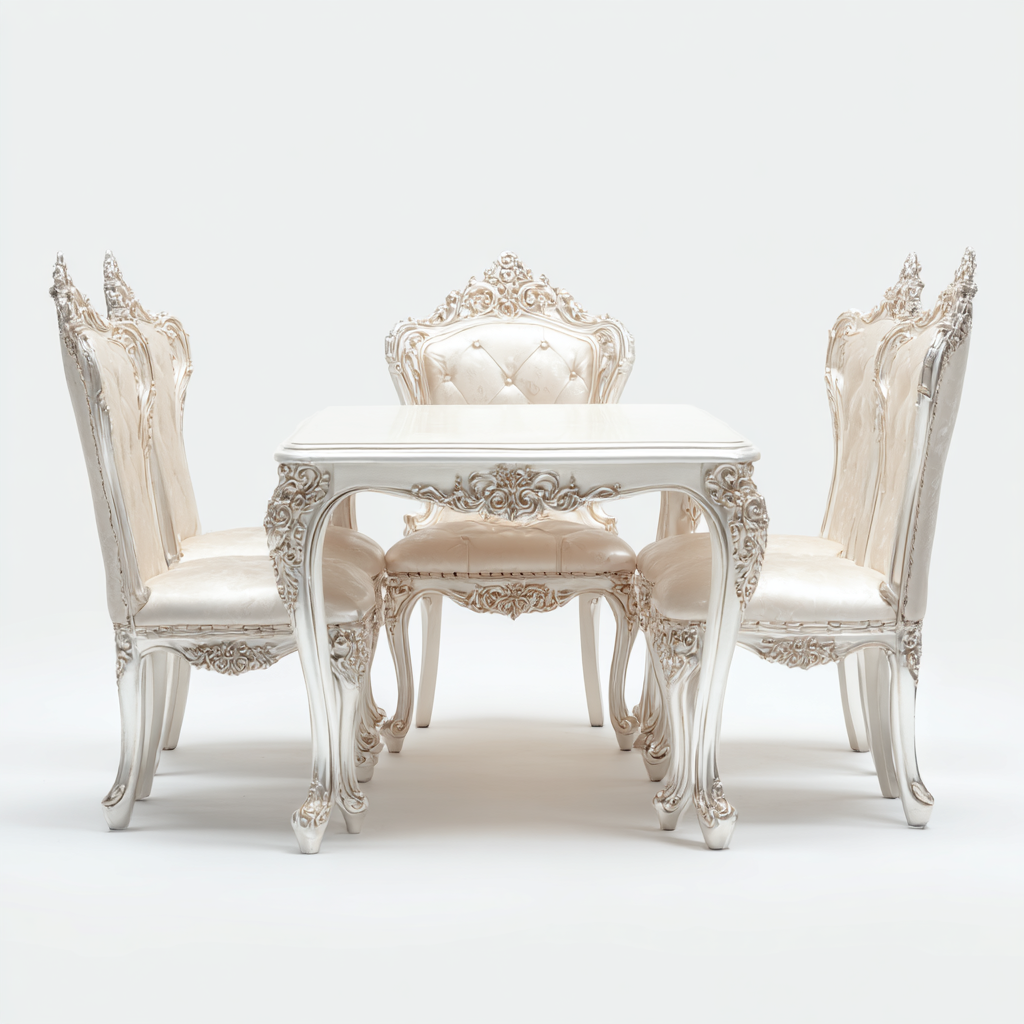 Ensemble de salle à manger rectangulaire en bois sculpté avec 4 chaises capitonnées