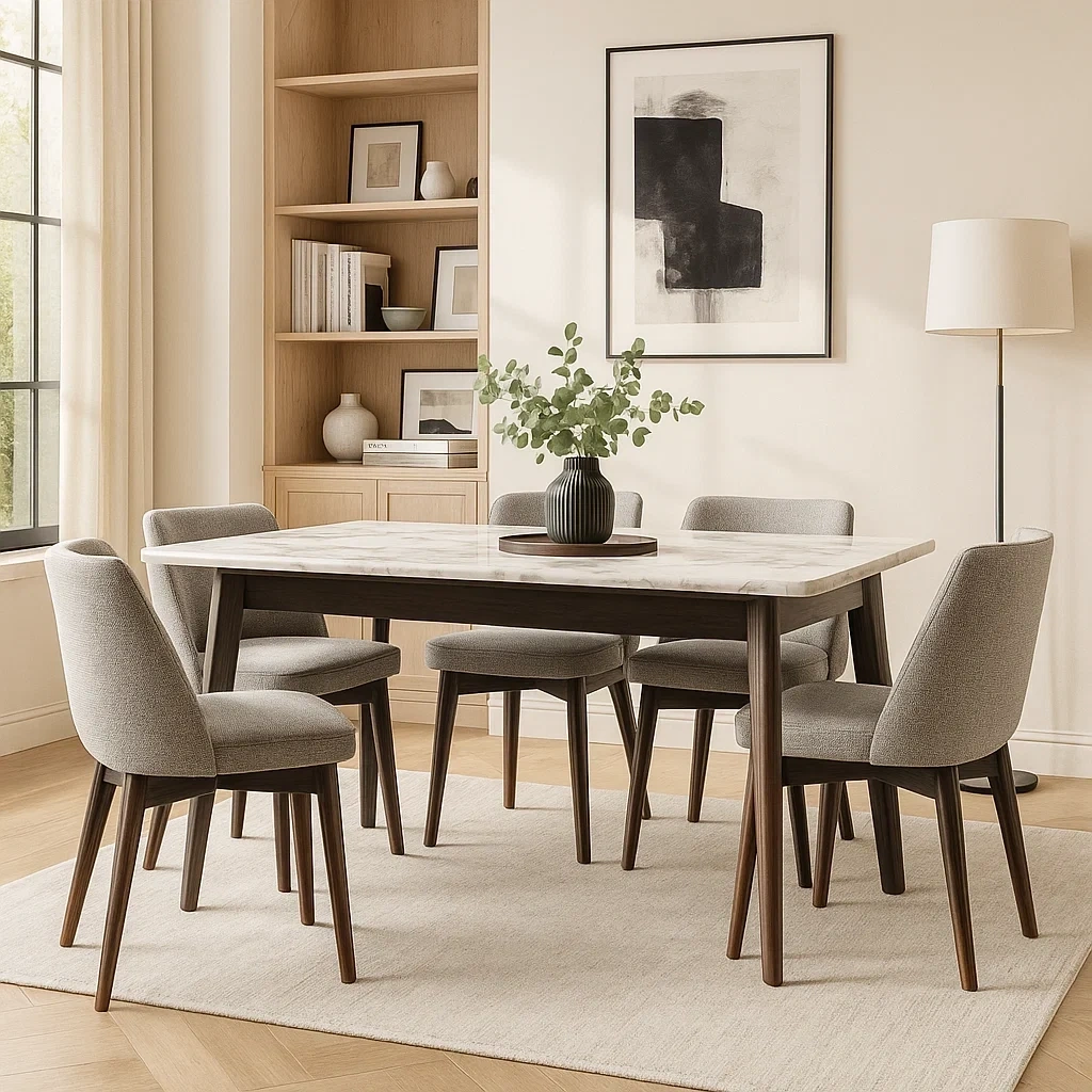 Ensemble de salle à manger 7 pièces avec table rectangulaire en marbre et 6 chaises en tissu gris