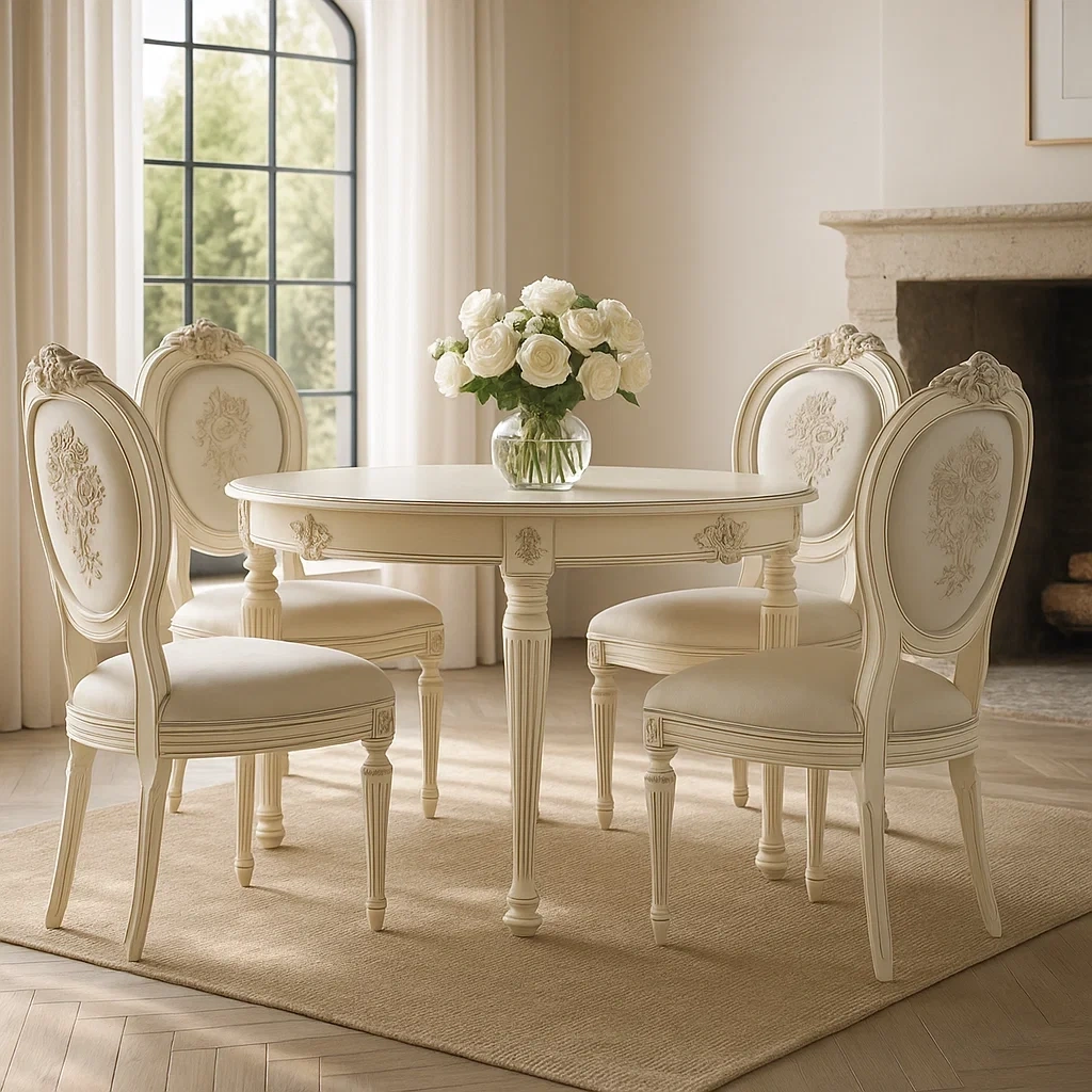 Ensemble de salle à manger classique avec table ronde et 4 chaises sculptées