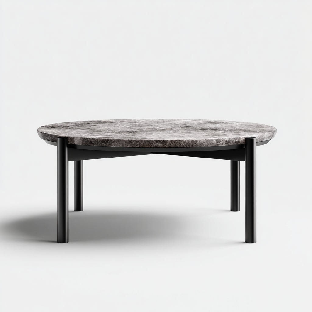 Table basse ronde avec plateau en marbre et pieds en métal noir