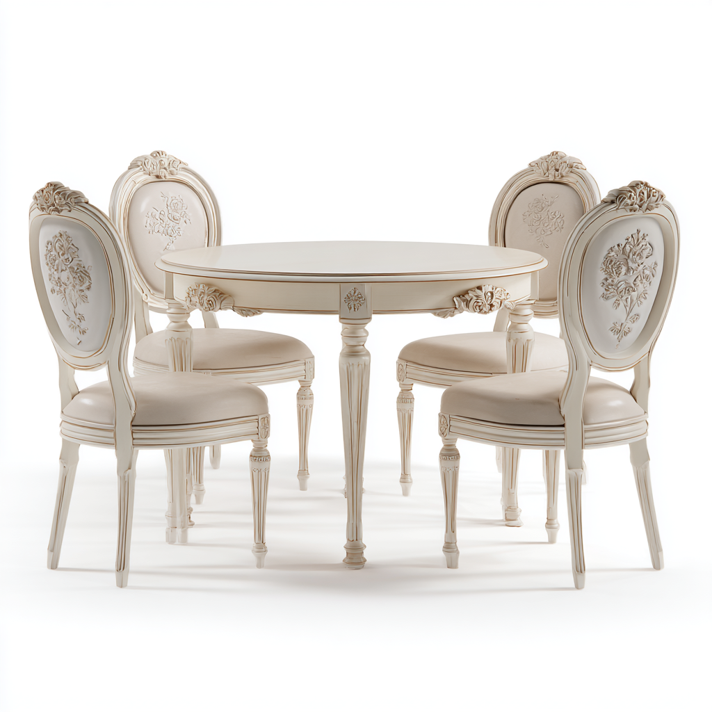Ensemble de salle à manger classique avec table ronde et 4 chaises sculptées