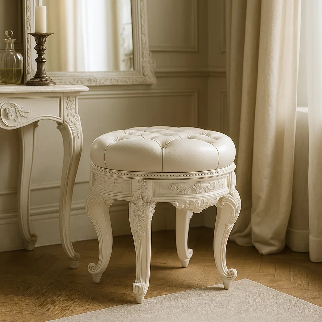 Tabouret rond de style européen en bois sculpté avec assise capitonnée