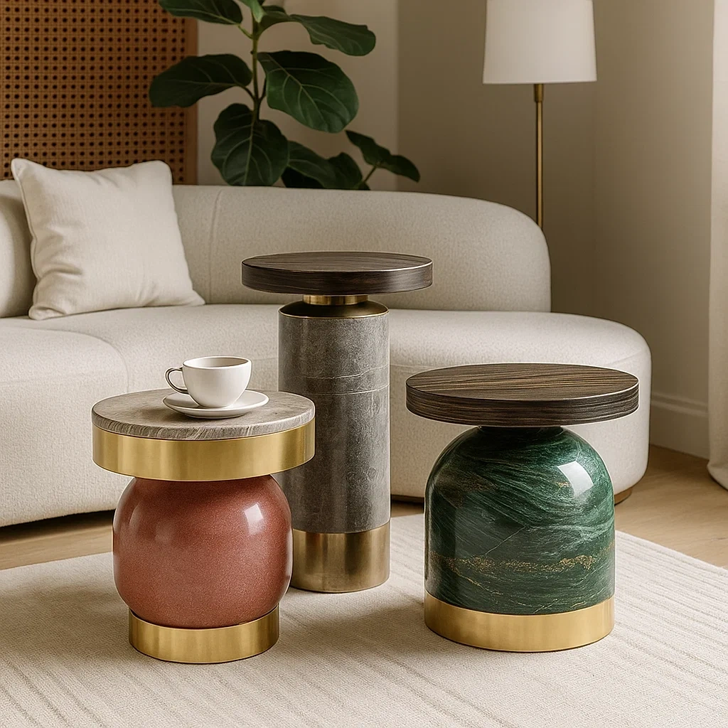 Tables basses modernes en marbre, bois et laiton (lot de 3)