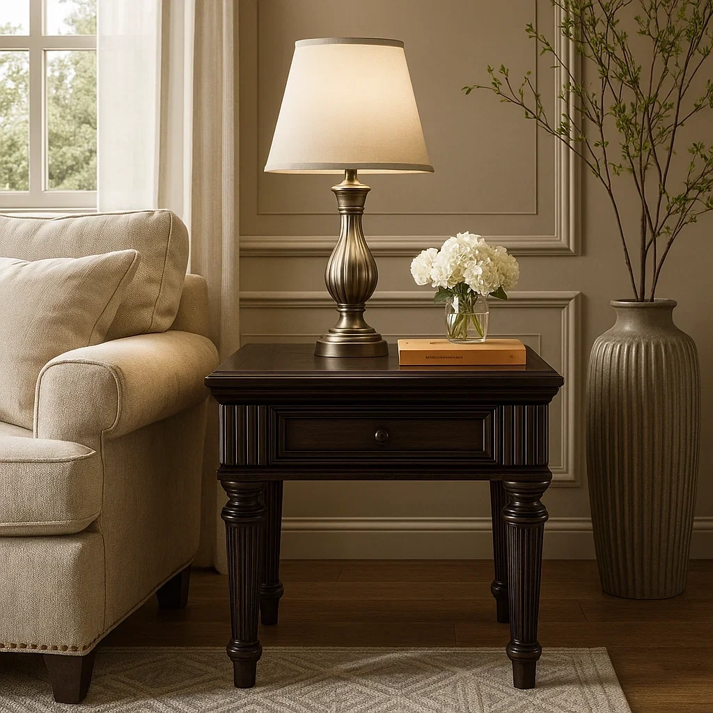 Table de chevet classique avec tiroir et pieds sculptés