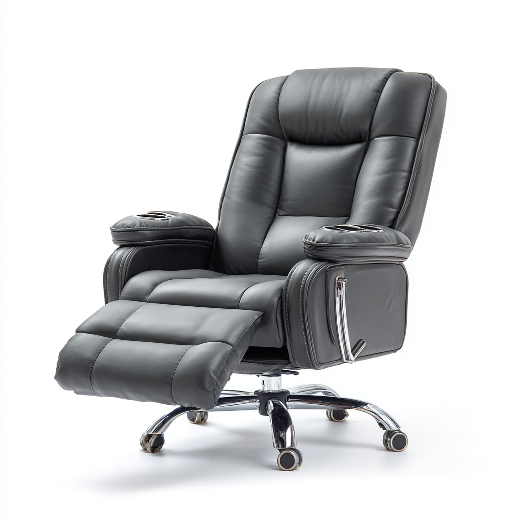 Chaise longue de bureau en cuir noir avec repose-pieds et porte-gobelets