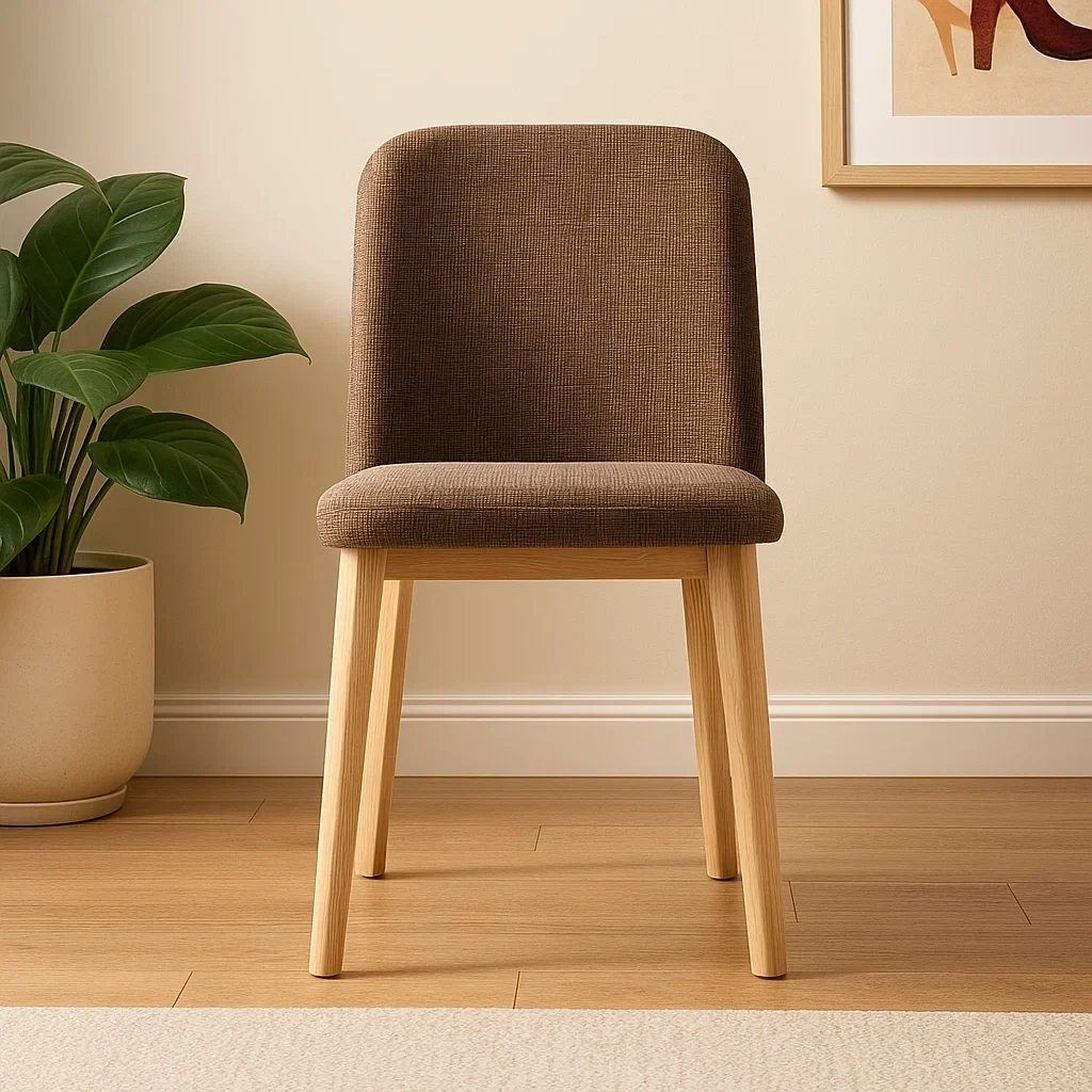 Chaise de salle à manger en bois clair avec assise rembourrée en tissu marron