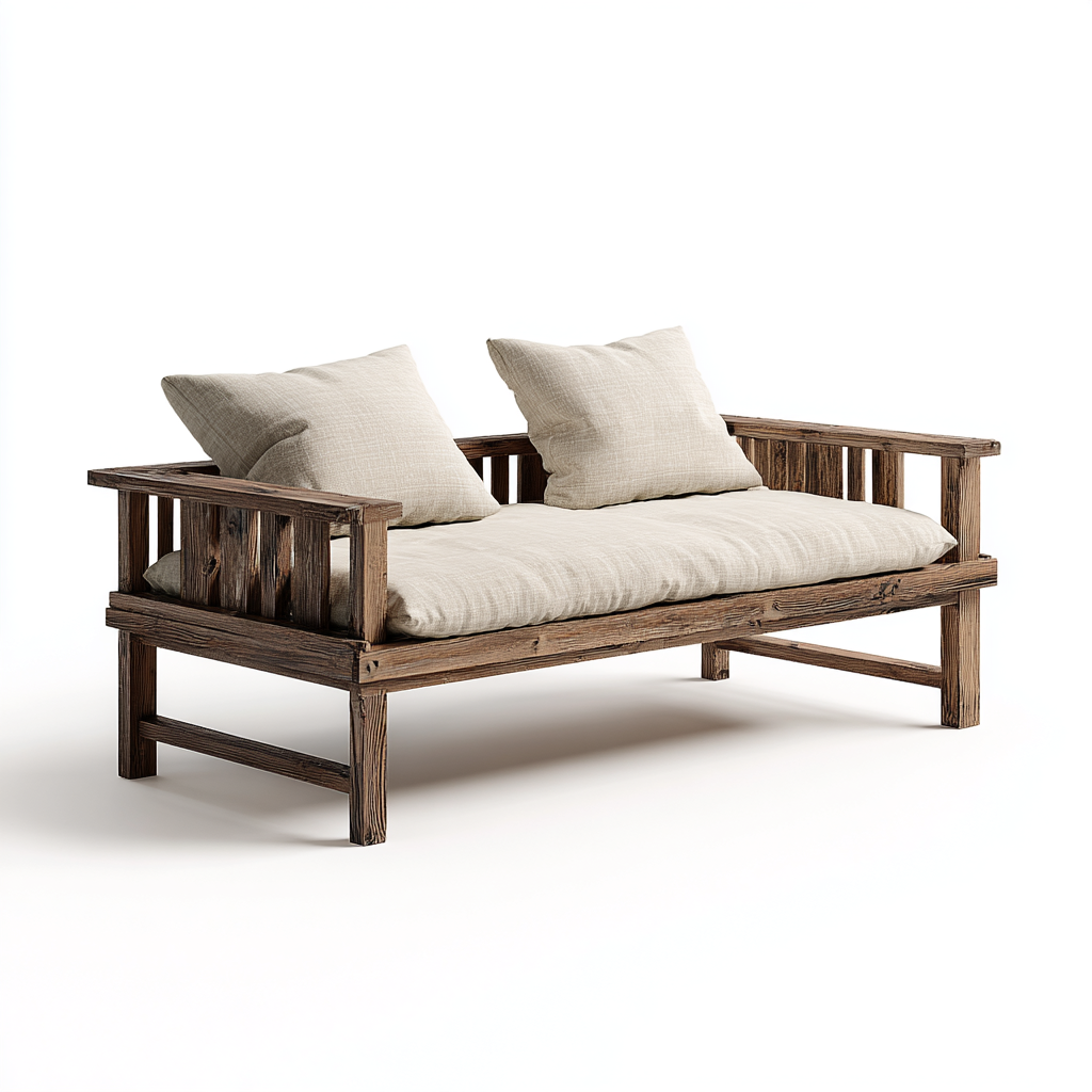 Banquette en bois avec coussins en tissu beige