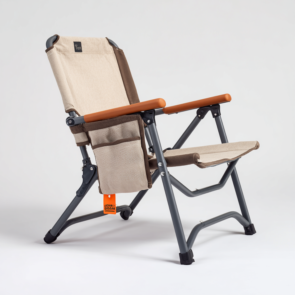 Chaise longue pliante de camping en tissu beige avec accoudoirs en bois