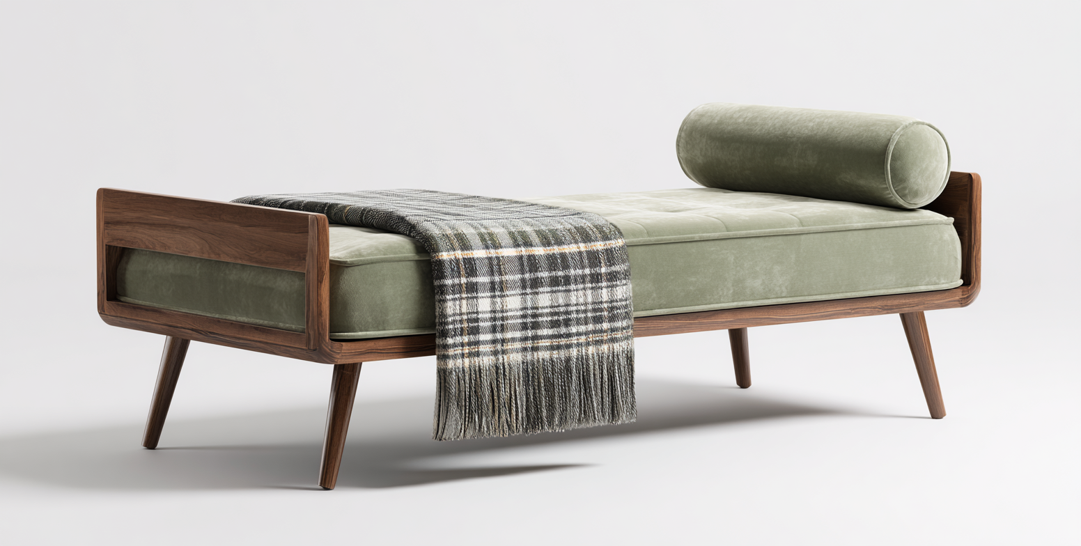 banc avec structure en bois et coussin rectangulaire