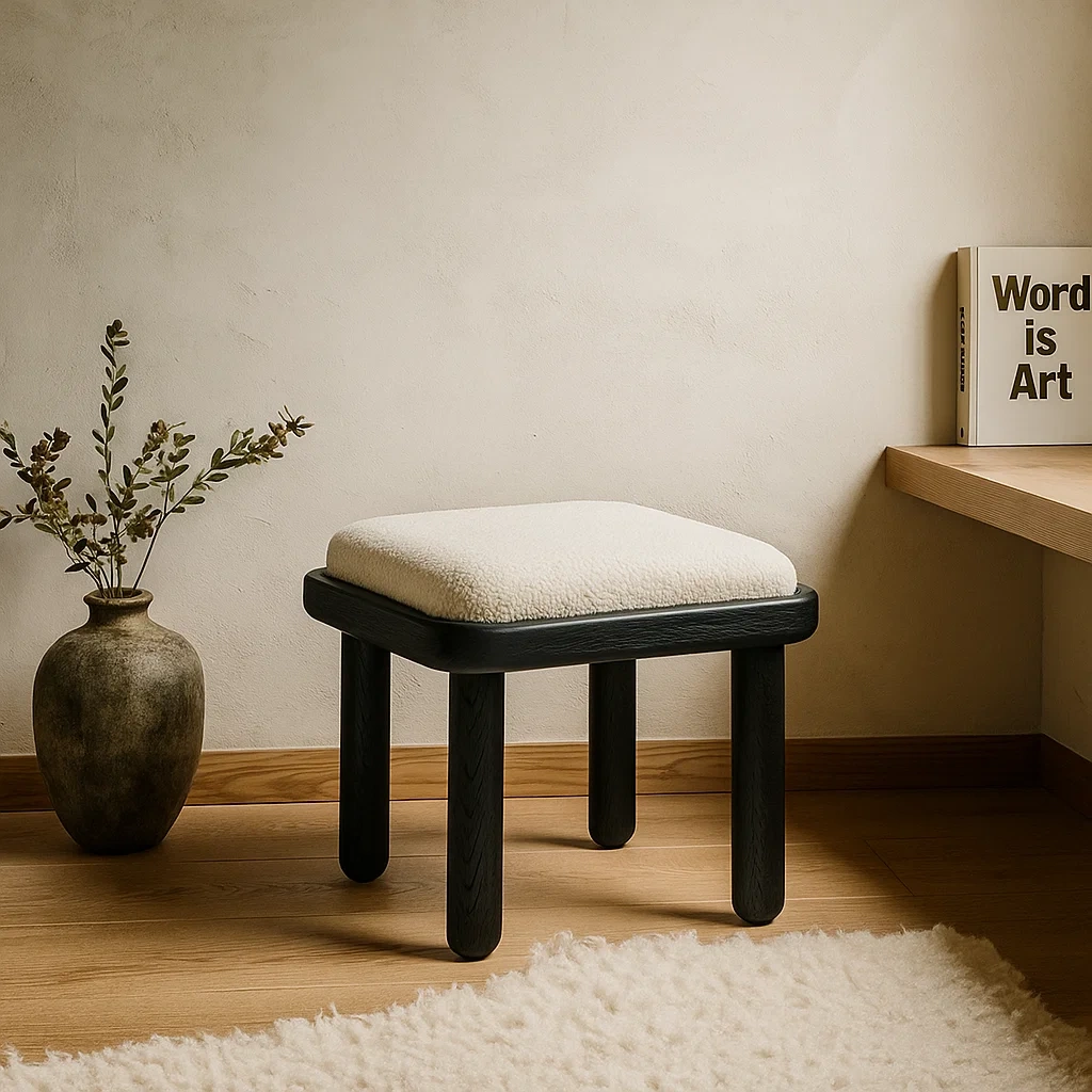 Tabouret en bois avec assise rembourrée en tissu bouclé