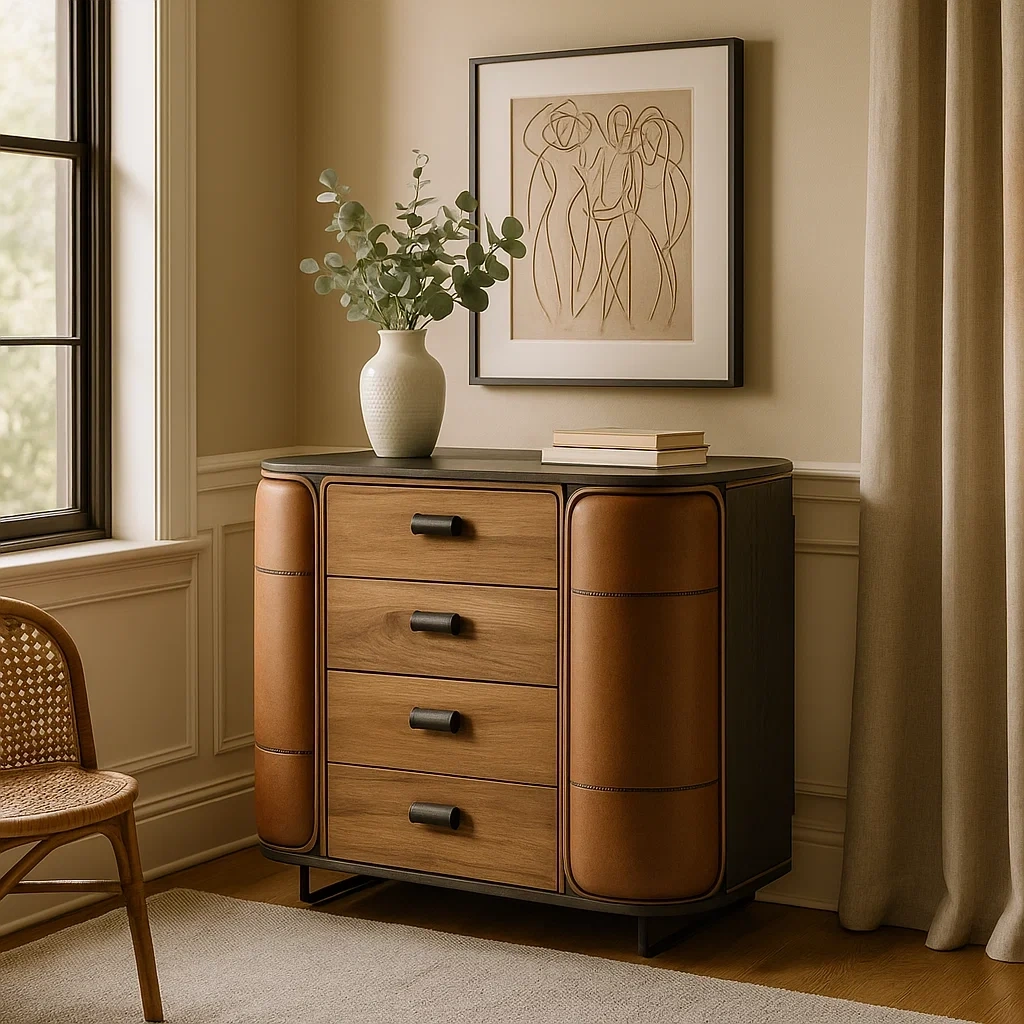 Commode moderne en bois et cuir avec quatre tiroirs