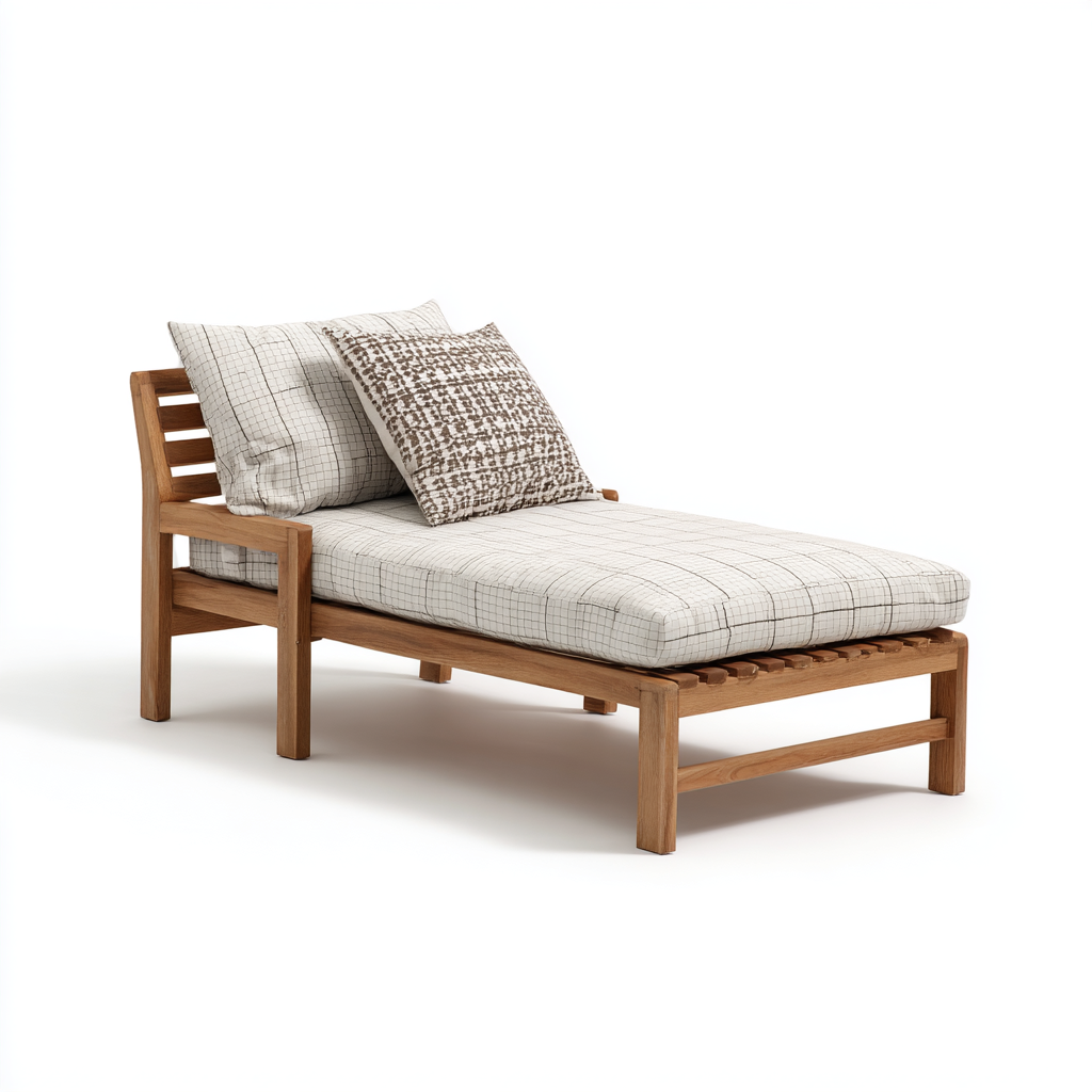 Chaise longue en bois avec coussin en lin et structure à lattes
