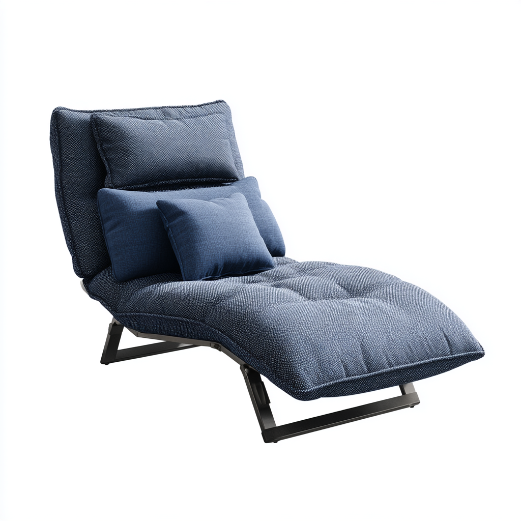 Chaise longue pliante en tissu bleu foncé avec coussins de soutien