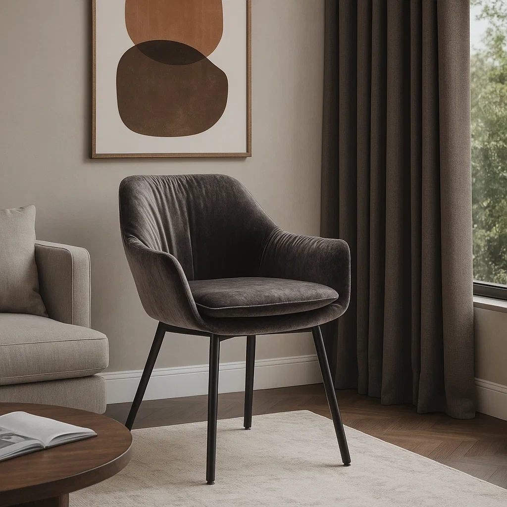 Chaise de salle à manger moderne avec accoudoirs en velours gris foncé et pieds en métal noir