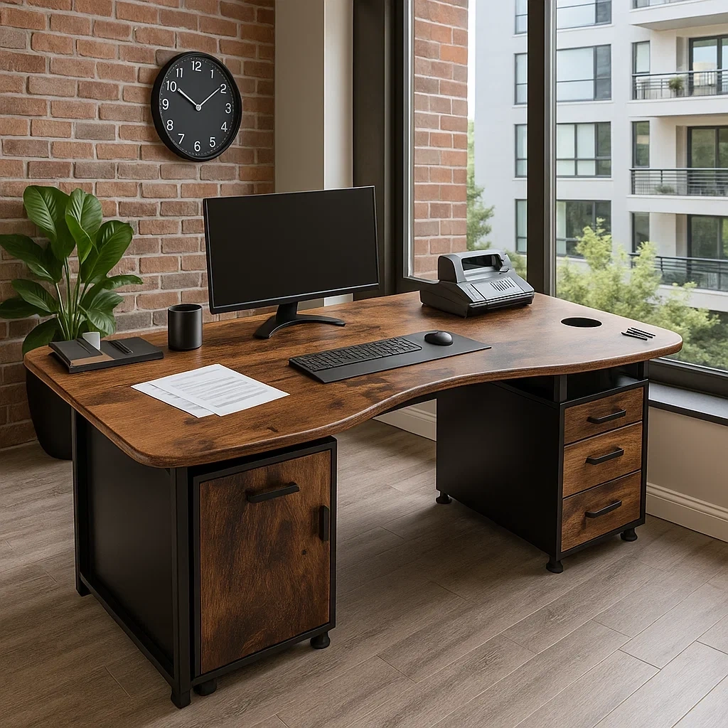 Bureau de bureau moderne en bois et métal avec tiroirs de rangement
