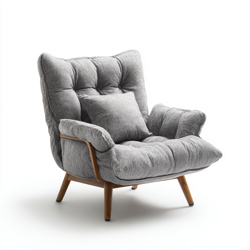 Fauteuil lounge en tissu gris avec coussin et pieds en bois massif
