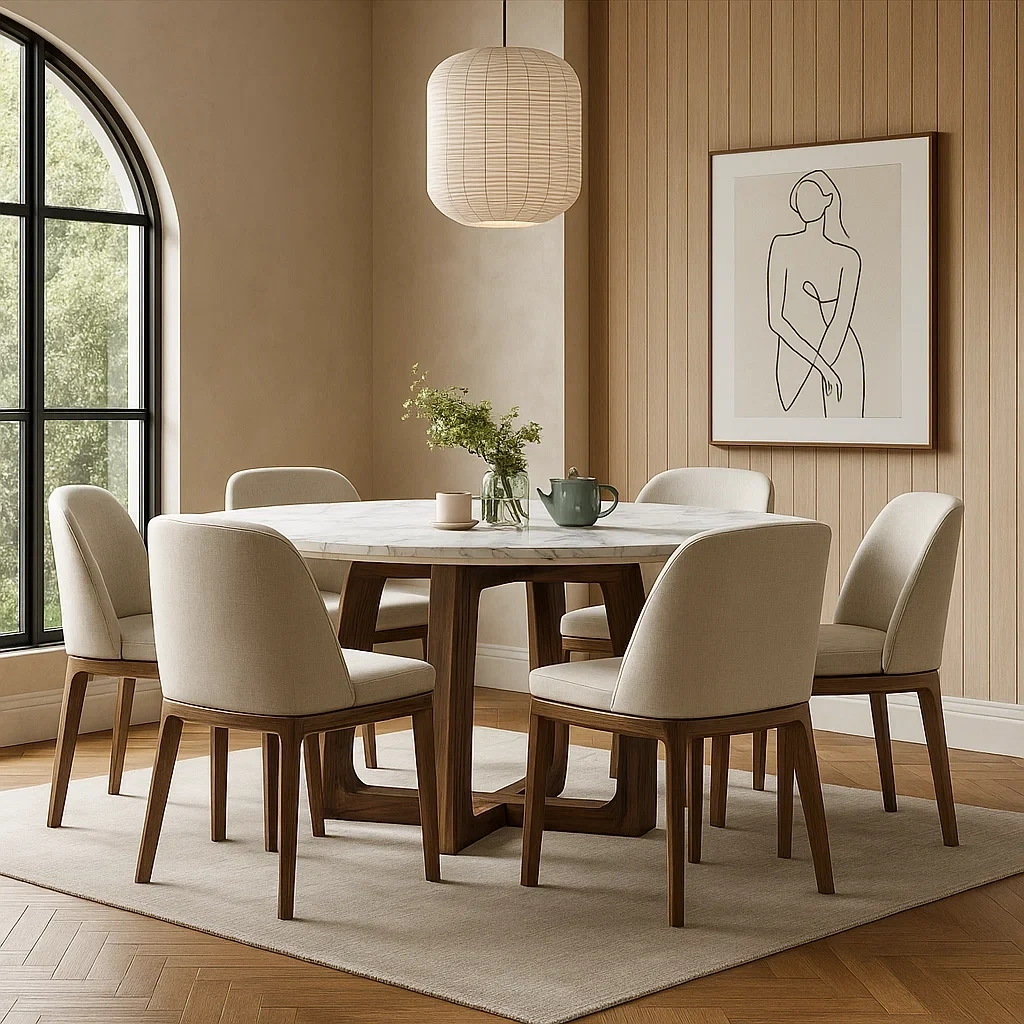 Ensemble salle à manger moderne avec table ronde en marbre et 6 chaises rembourrées