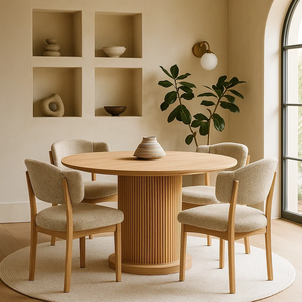 Ensemble table à manger ronde en bois avec 4 chaises rembourrées