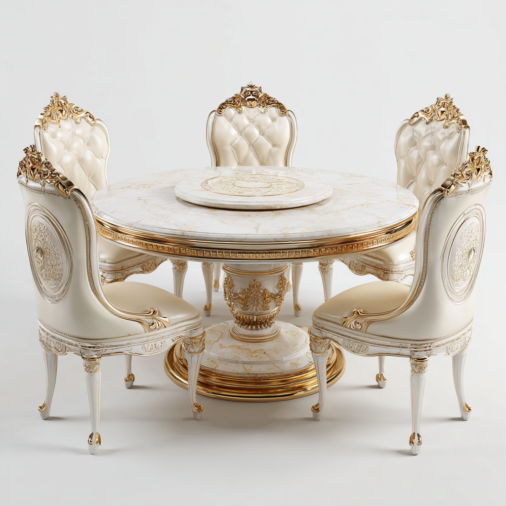 Ensemble de salle à manger ronde en marbre avec 4 chaises capitonnées dorées