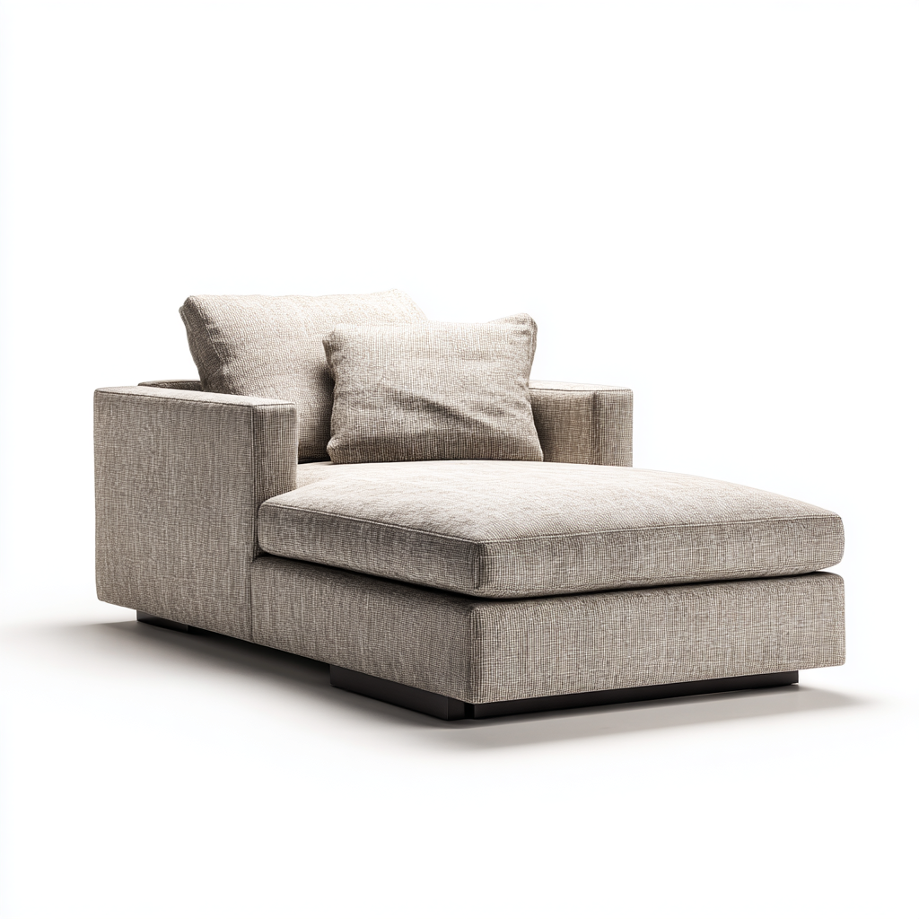 Chaise longue moderne en tissu beige avec accoudoirs rectangulaires et coussins inclus