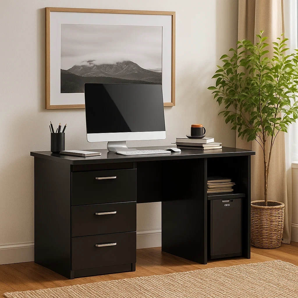 Bureau informatique moderne noir avec trois tiroirs et étagère latérale