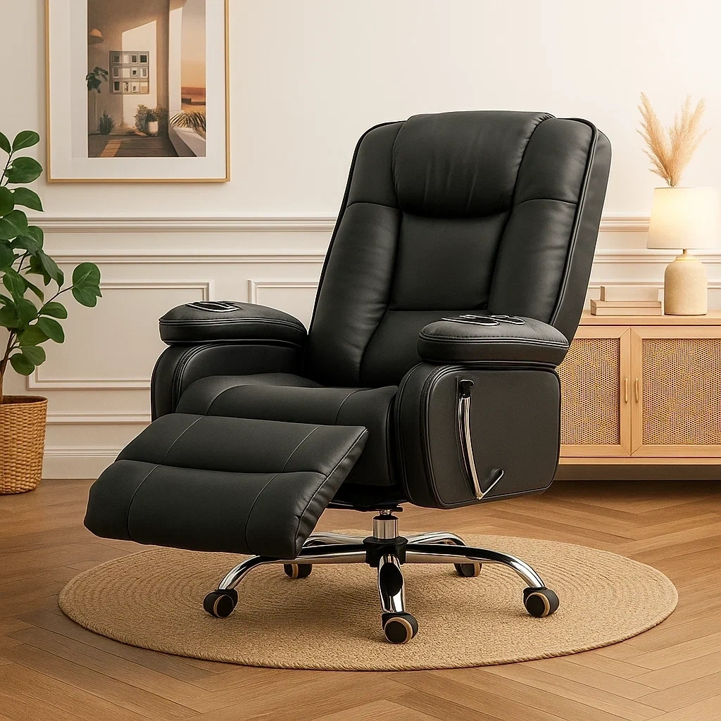 Chaise longue de bureau en cuir noir avec repose-pieds et porte-gobelets