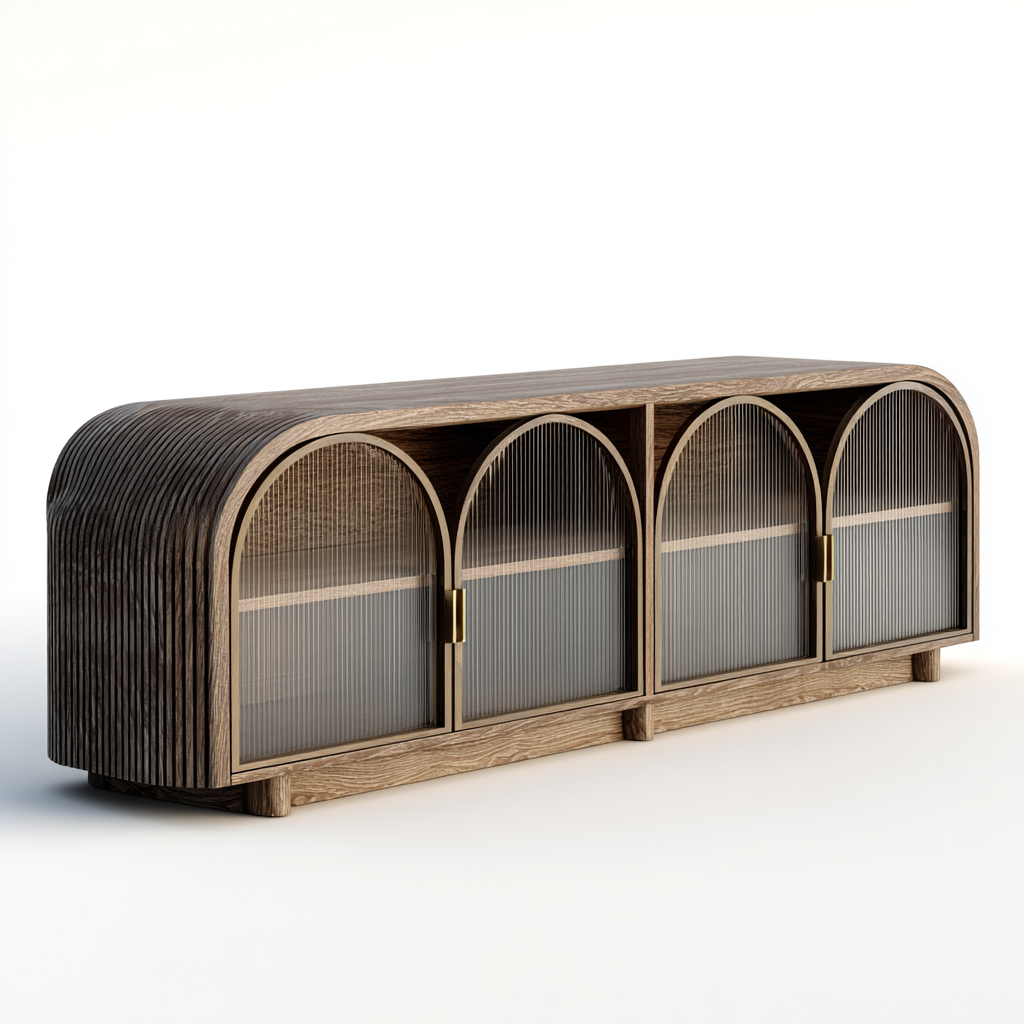 Buffet bas long avec portes en verre arquées