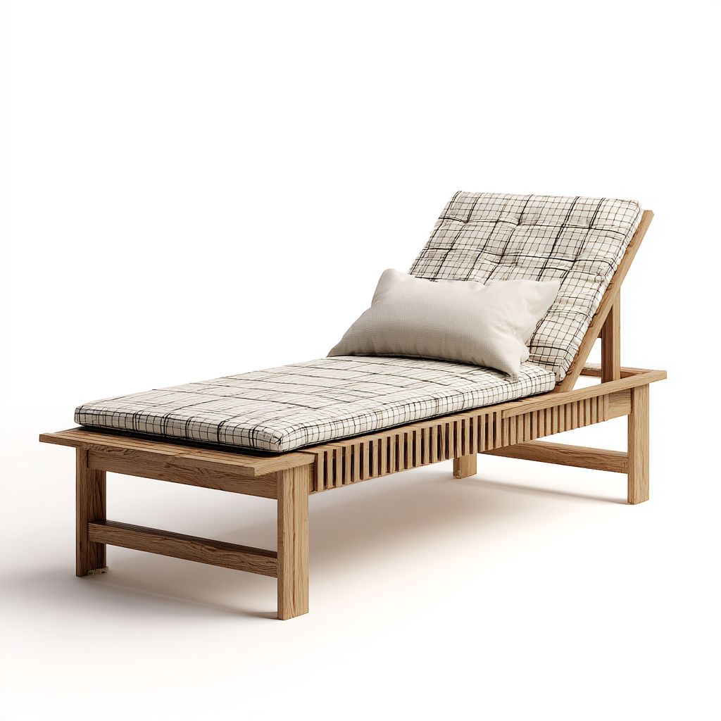 Chaise longue en bois avec coussin en lin et structure à lattes