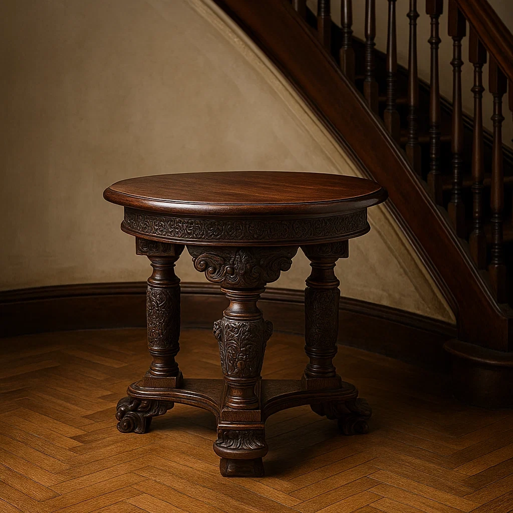 Tabouret ancien rond en bois sculpté avec décorations ornementales