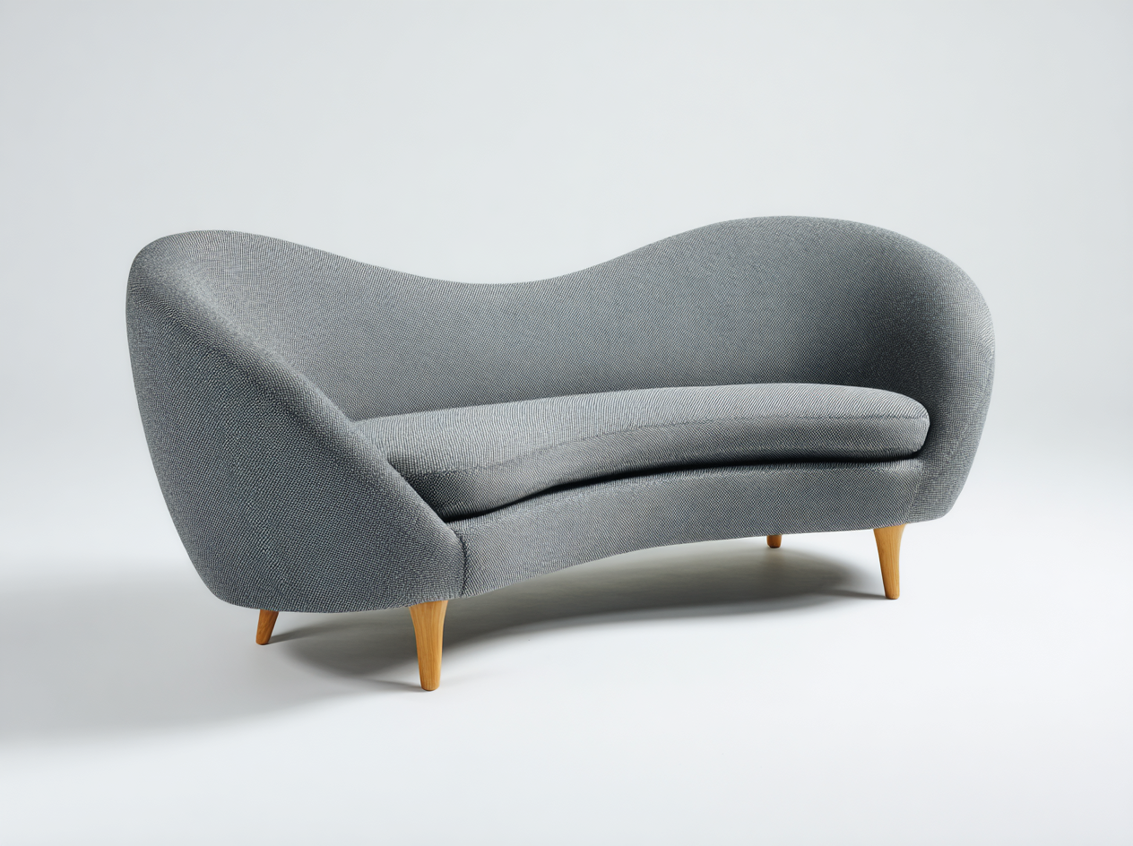 Canapé incurvé avec pieds en bois et tissu gris