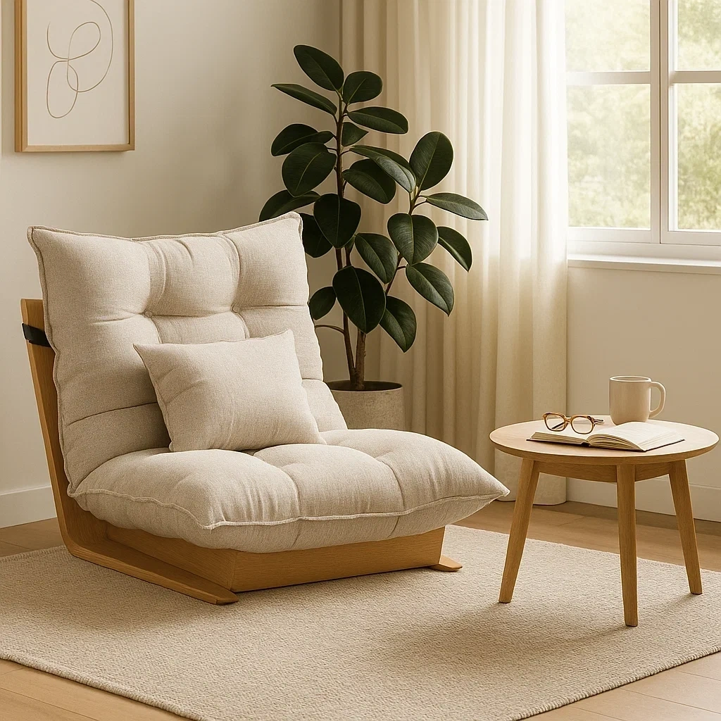 Chaise longue basse en tissu beige avec coussin rembourré