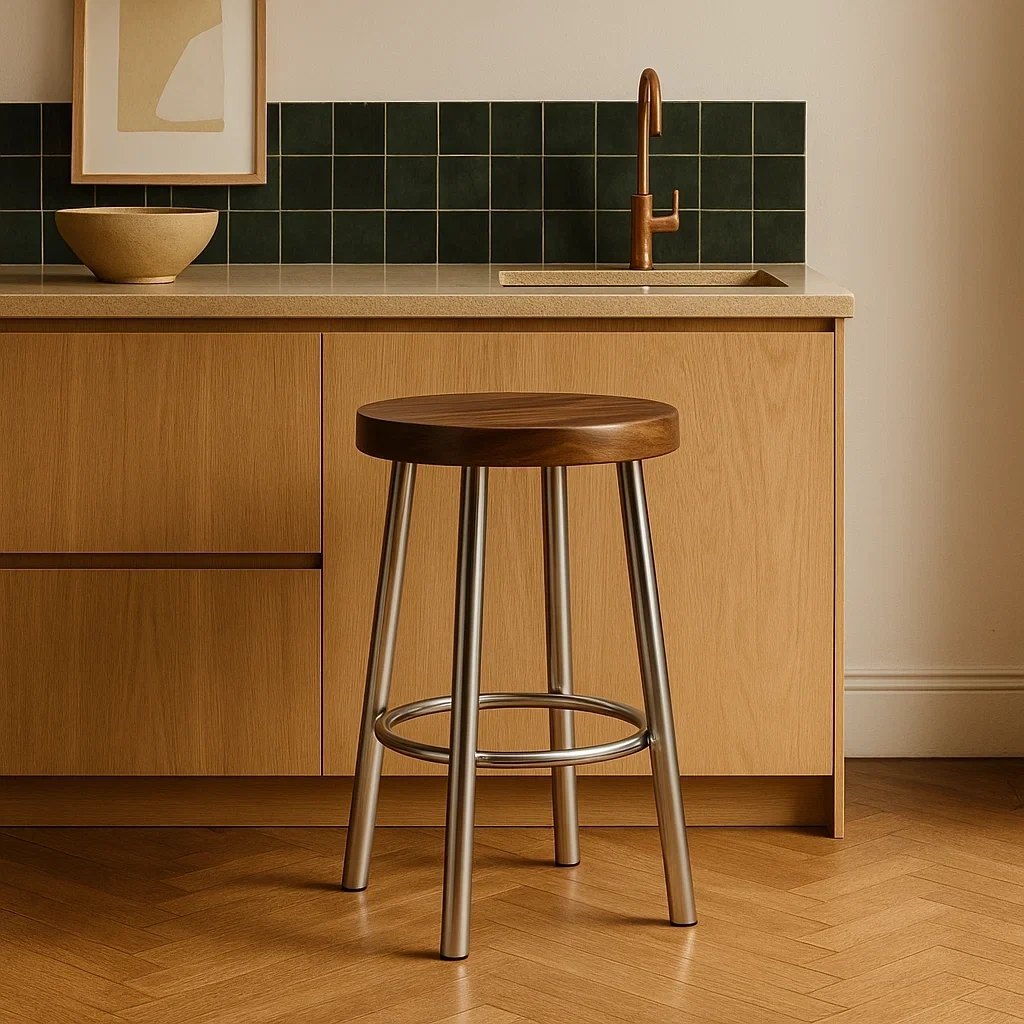 tabouret moderne avec assise ronde en bois et pieds en métal