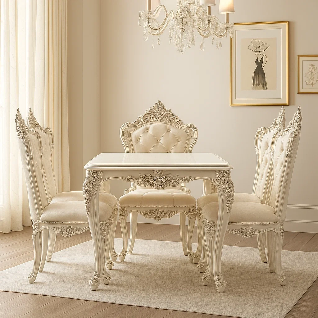 Ensemble de salle à manger rectangulaire en bois sculpté avec 4 chaises capitonnées