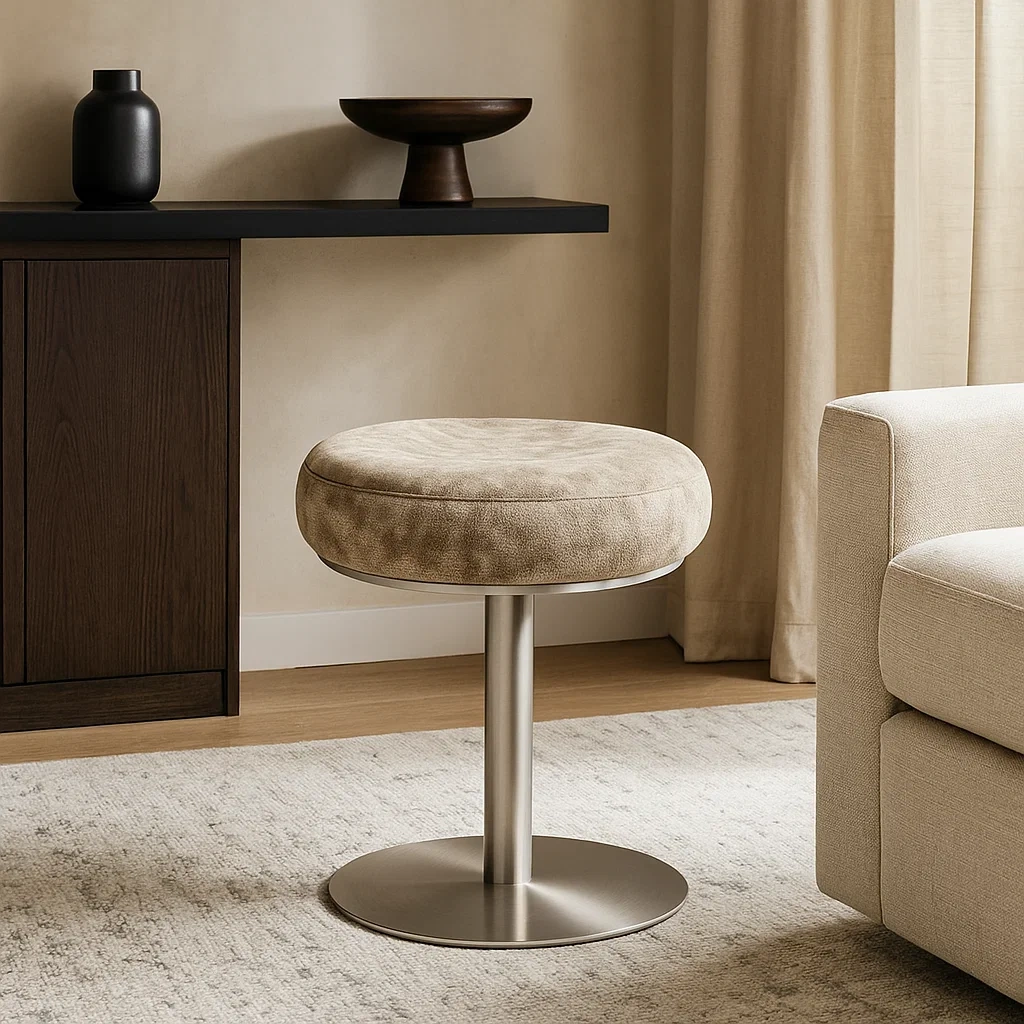 Tabouret rond avec assise rembourrée et base en métal brossé