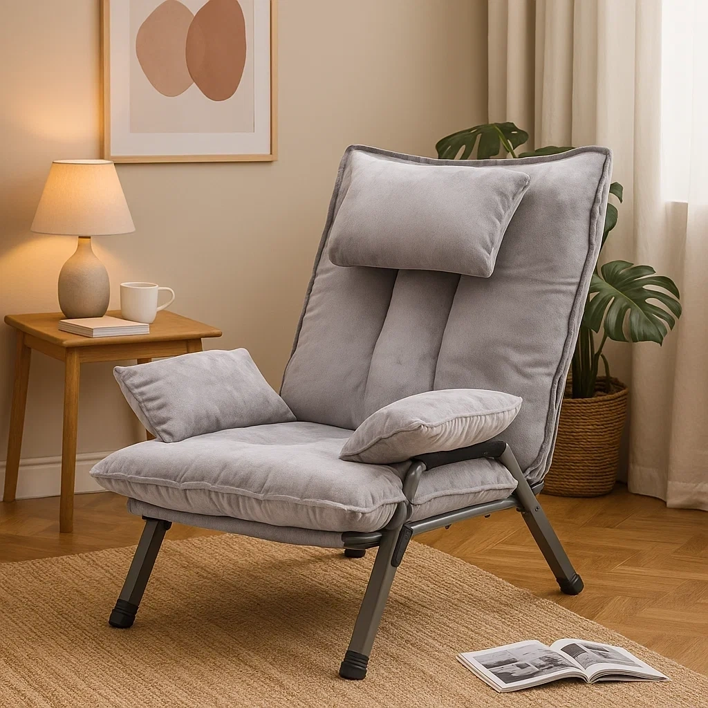 Chaise longue pliante en tissu gris avec coussins rembourrés
