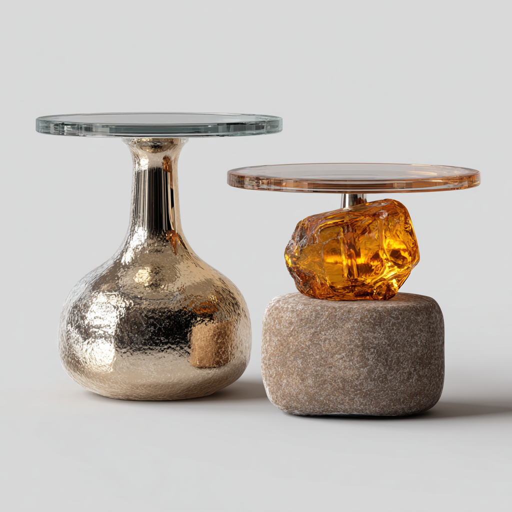 Tables basses design en métal martelé et pierre avec verre coloré (lot de 2)