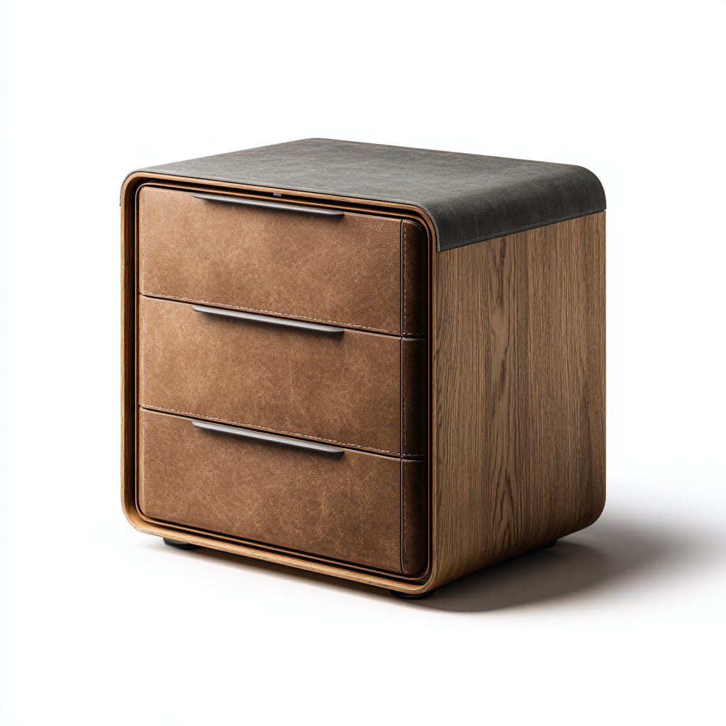 Commode moderne avec trois tiroirs et plateau en cuir foncé