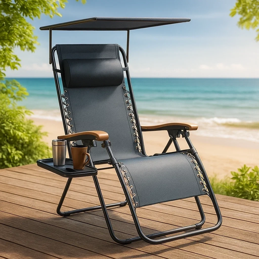 Chaise longue pliante d’extérieur avec auvent réglable et porte-gobelet intégré