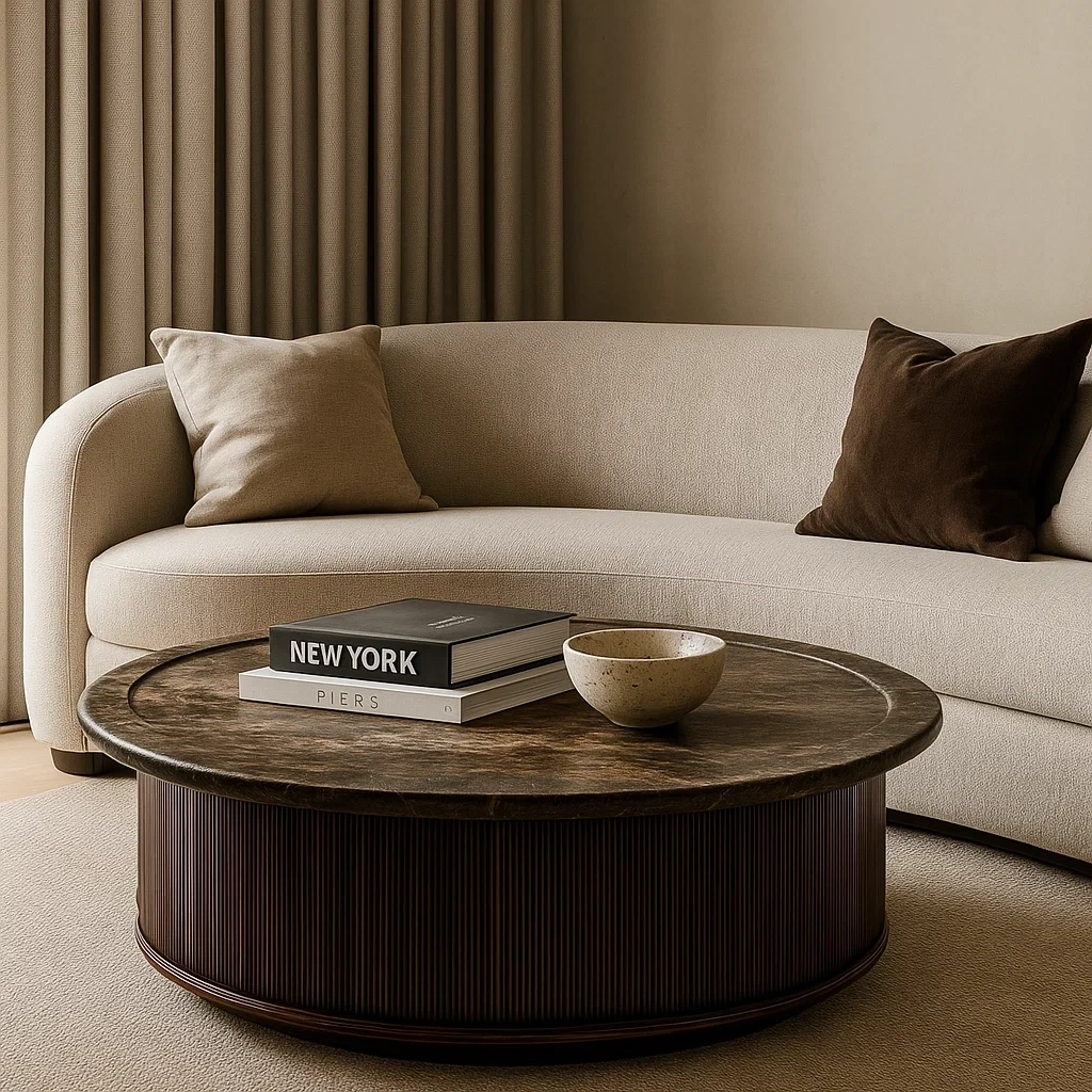 Table basse ronde en marbre brun avec base en bois nervuré