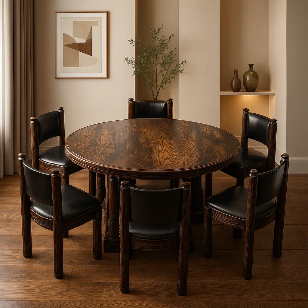 Ensemble de salle à manger rond 7 pièces en bois foncé avec chaises en cuir