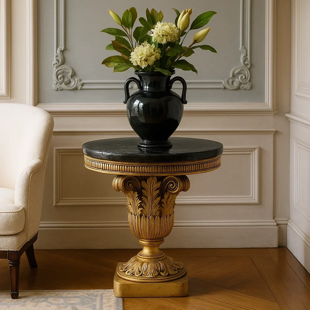 Table basse ronde en marbre noir et base dorée sculptée
